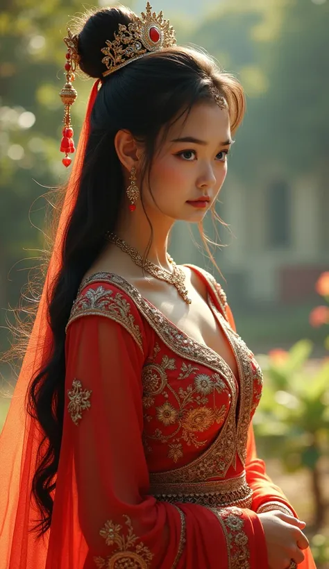 a beautiful young Nepali princess, detailed intricate asian style dress, elegant pose, serene facial expression, long flowing hair, delicate jewelry, ornate headpiece, lush palace gardens background, warm lighting, detailed cinematic rendering, vibrant col...