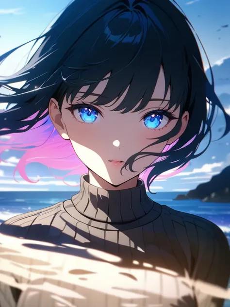 a girl, looking for ocean, background in outdoors, sweater, ocean night, Anime style, BREAK  8k, 32k, Masterpiece, UHD:1.5, Highres, Sharp Focus, Best Quality, Depth of Field, Cell look shading, 
 Cinematic Lighting, Anime Light, Detailed Light, Detailed S...