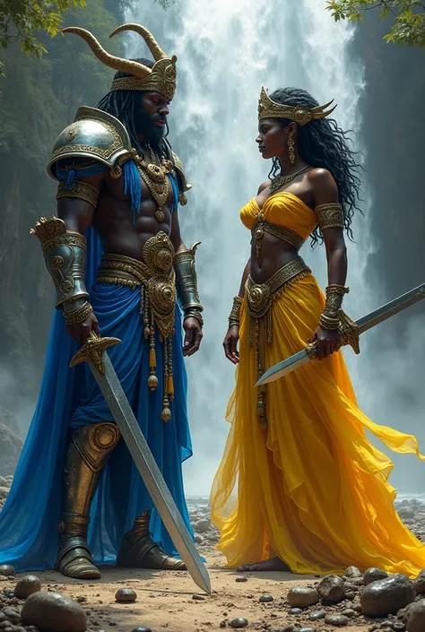  Orixá African ogum in blue clothes and metal armor , With sword in hand and metals on the road .  African oxum dressed in yellow with mirror in hand and sword in waterfall 