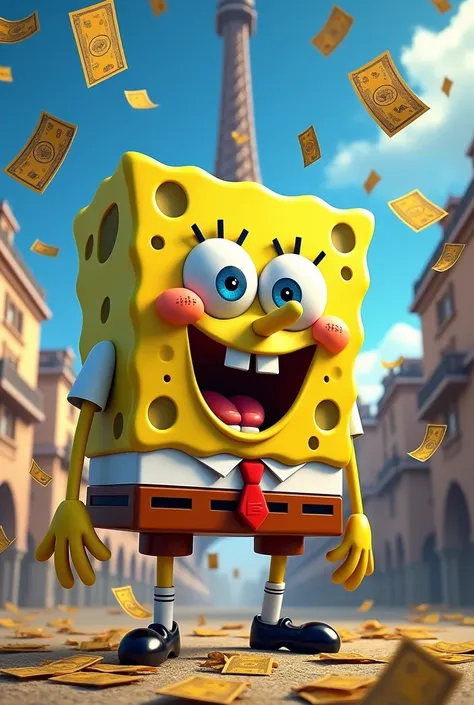 Create an image of SpongeBob inside a Ferrari with a lot of money scattered around,  wearing a Manchester City jersey with several gold strings, capturing beauty and wealth in front of the tower Efiel  
