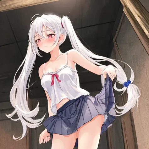 best quality,high resolution,1girl,looking up,looking at viewer,from below,half closed eyes,white hair,twintails,embarrassed,small breasts,
camisole,skirt,leaning forward,camisole lift,bare breasts