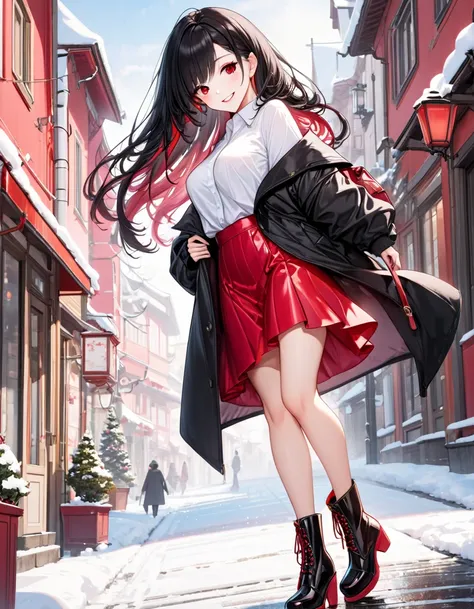 (delicate and beautiful), (immensely beautiful perfect illustration), (focus face, profile, full body),
(beautiful hime cut hair)
(vivid black hair delicate long hair),
(best cool girl) (age 18), (best cool red eyes), (grin smile), ((best sexy makeup)), (s...