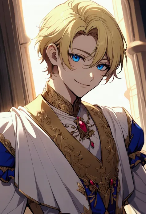 A young man with short hair and bangs, not styled, blonde hair, blue eyes, is a prince, smiling evilly.