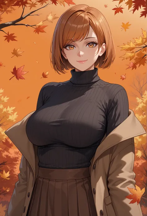 score_9, score_8_up, score_7_up,  1girl, autumn, autumn leaves, black sweater, bob cut, breasts, brown coat, brown skirt, closed mouth, coat, large breasts, leaf, leaf background, long sleeves, looking at viewer, medium hair, off shoulder, orange backgroun...