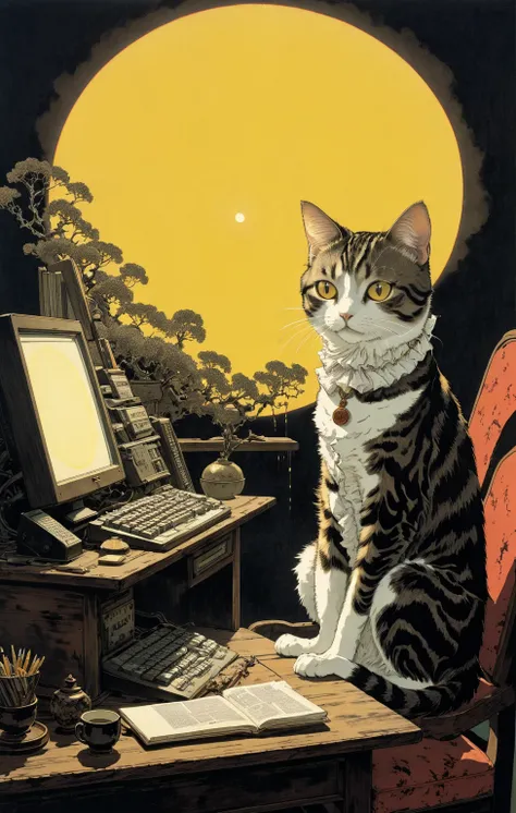 Japanese line art , Horror painting,  a cute cat sitting at his desk working hard on his vintage computer to generate more images of anime girls with big ,  yellow sun ,  In the style of Takato Yamamoto  