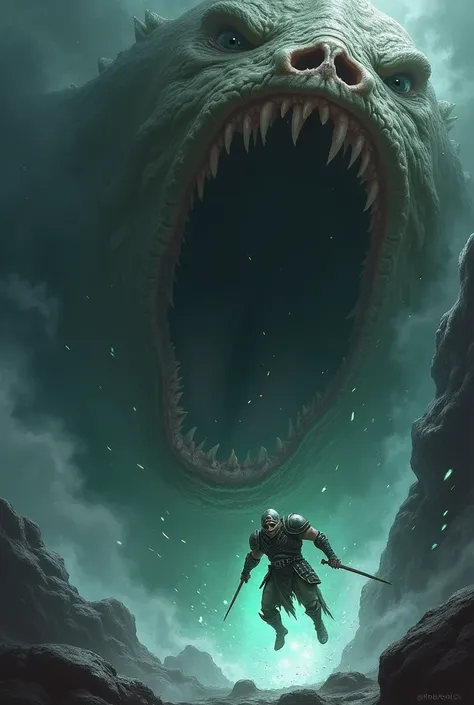  Picture-angled image of a warrior falling into an abyss, which are actually the jaws of a huge monster 