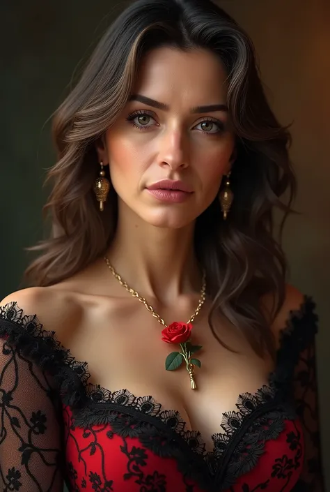 (Extremely detailed CG unit 8k wallpaper, masterpiece, Best Quality, ultra detailed), (better lighting, best shadow), 45 year old Spanish woman., maduro, square face, wearing 1 red rose on the neck of the necklace, wearing a black and red lace dress, golde...