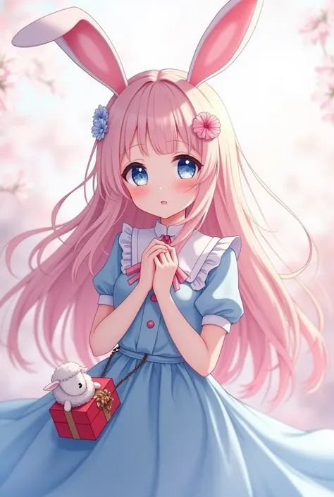 Beautiful female anime body, long hair, light pink sheep tie, cute face, light smile, blue eyes, white eyelashes, blue dress with light bitter pink bunny ears, attached with a red flower gift. 