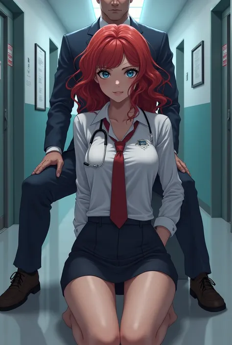 Red-haired girl blue eyes firm secretary on knees Fitt slim anime curly hair short skirt boss doctor manly