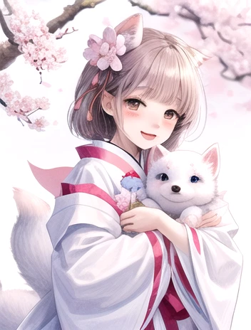 masterpiece、Illustration，cute，Baby kitsune， mascot、Being hugged by a girl、In the cherry blossom blizzard