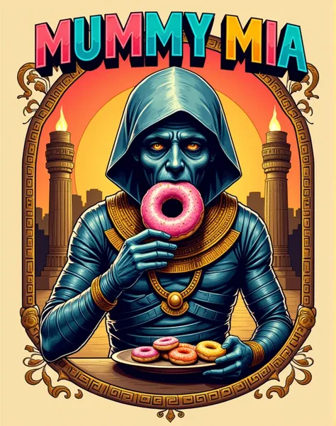 creative logo illustration fantasy style of a an egyptian mummy eating donut surrounded by ancient egyptian signs, featuring the word ( MUMMY MIA ), in big bold creative font style blended with colorful donuts color font style, artfully bended and integrat...