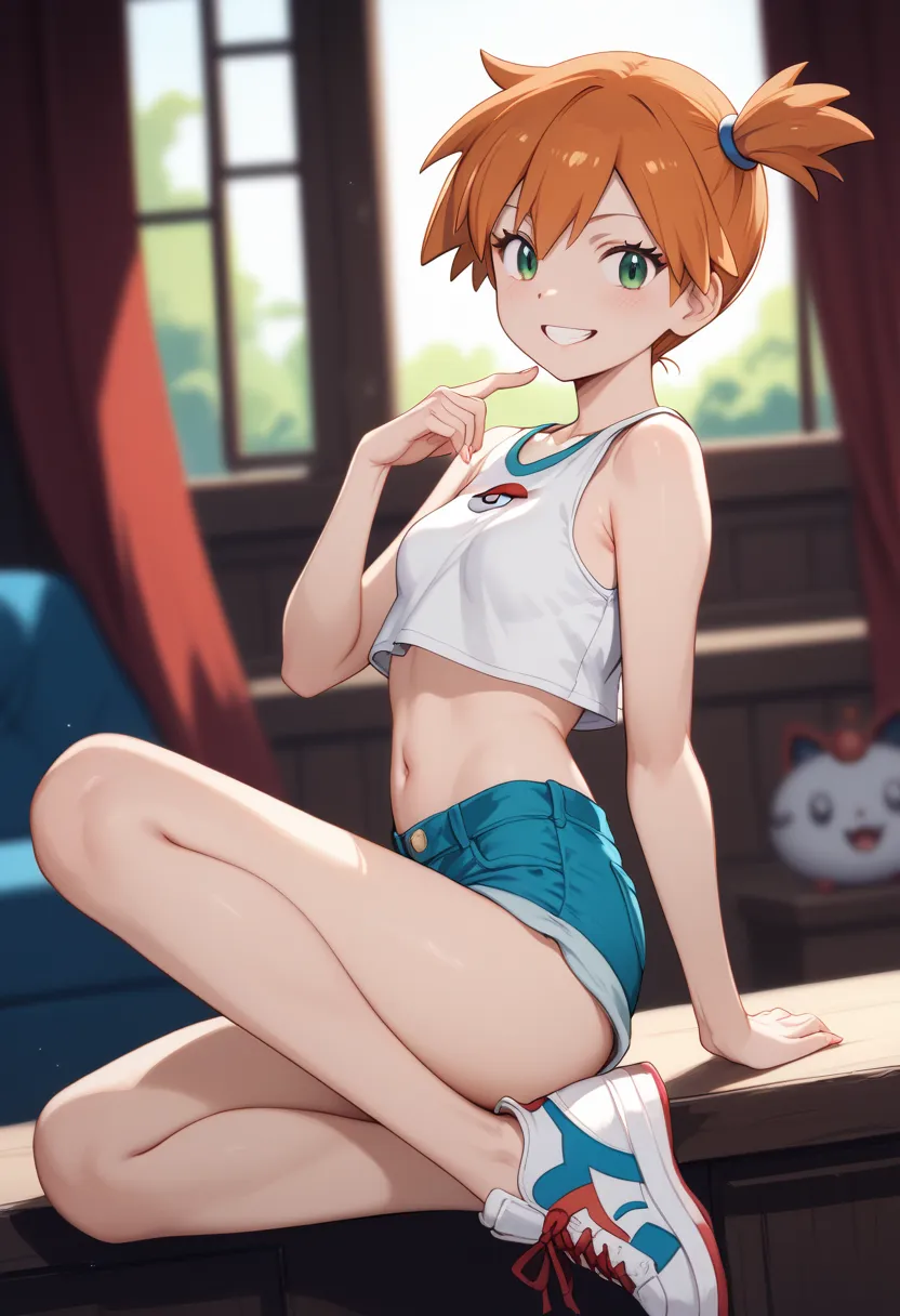 misty_pokemon , berry short,orange hair, one side up hair ,big green eyes,small breasts ,skinny , akane's style.pokemon. white s...