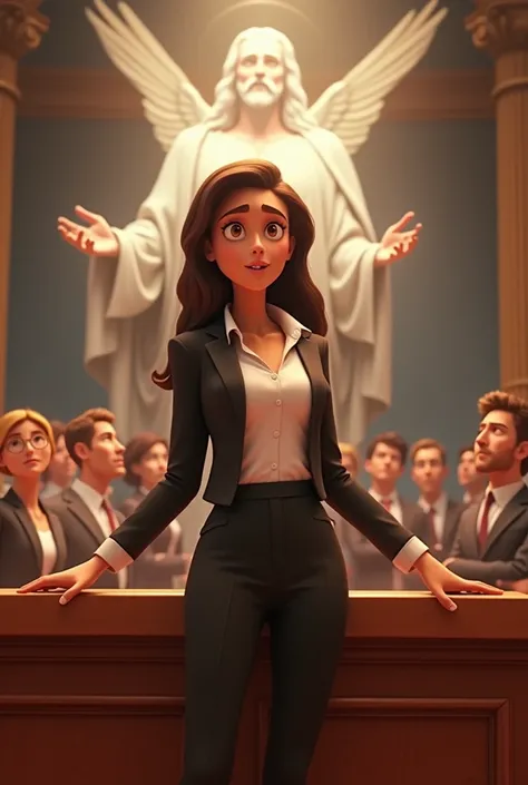 womens lawyer , In a courtroom, Back God Jesus and people watching her , Pixar animated 