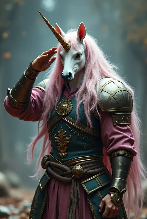 Unicorn head with colored hair with the body of a woman dressed as a warrior making a military salute sign on her forehead looking forward