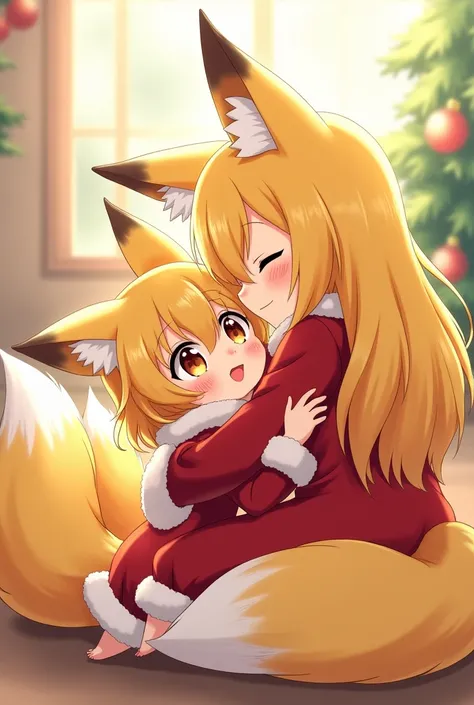 Two anime fox girls are hugging each other, they are siblings, the older sister on the right side, she has yellow hair, eyes close and have a gentle smile on her face, on the left side is her little sister, she also has yellow hair, hugging back her big si...