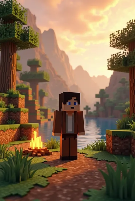 make  a Discord pfp for a minecraft character standing wiht beutiful background named as AZK_Gamerz in a browned themed skin plz make sure its minecraft world