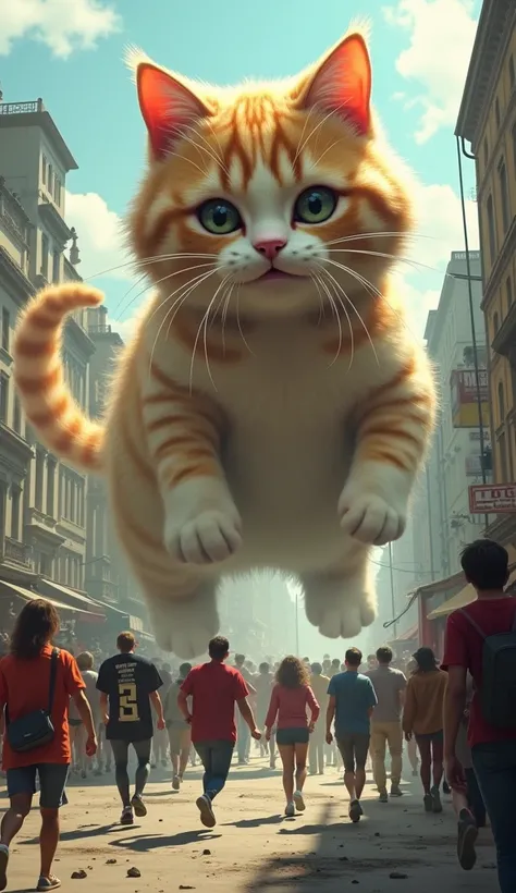 Humans desperately run away from a huge cute cat