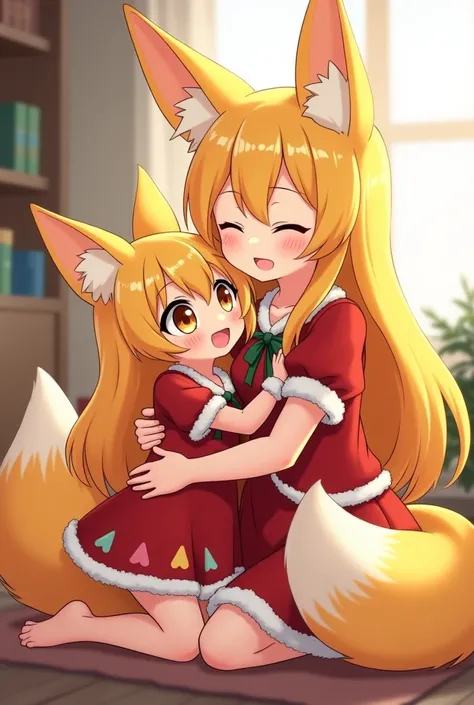 Two anime fox girls are hugging each other, they are siblings, the older sister on the right side, she has yellow hair, eyes close and have a gentle smile on her face, on the left side is her little sister, she also has yellow hair, hugging back her big si...