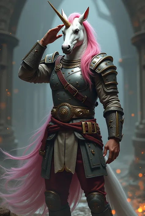 Unicorn head with colored hair with the body of a woman dressed as a warrior making a military salute sign on her forehead looking forward