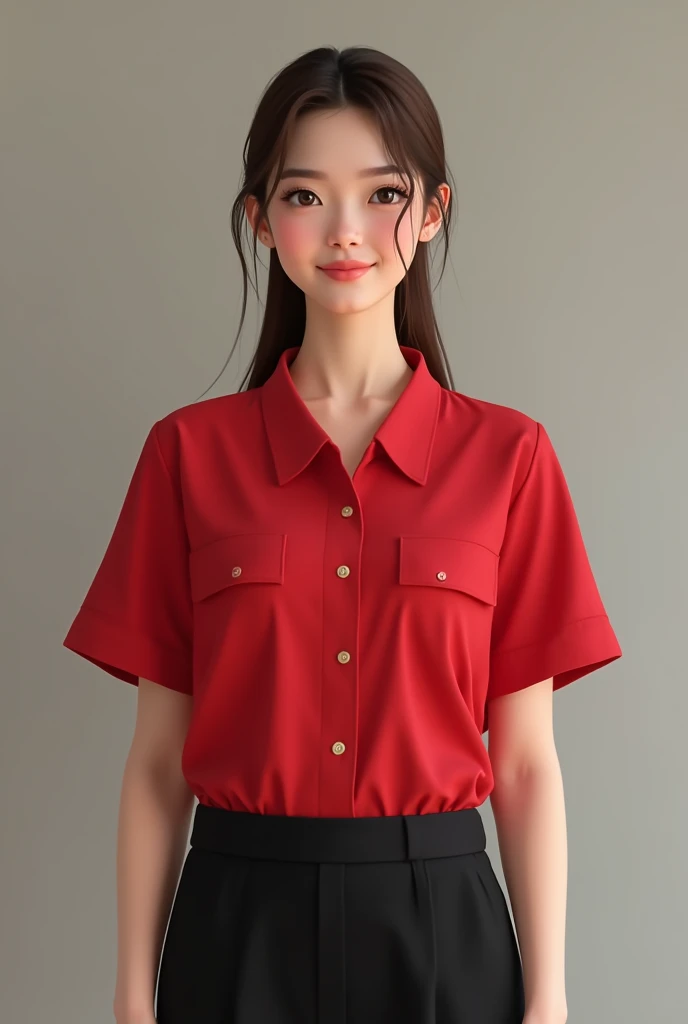  25-year-old midwife, white skin, wearing a red Viettel shirt , about 1m6 tall ,  wearing black pants