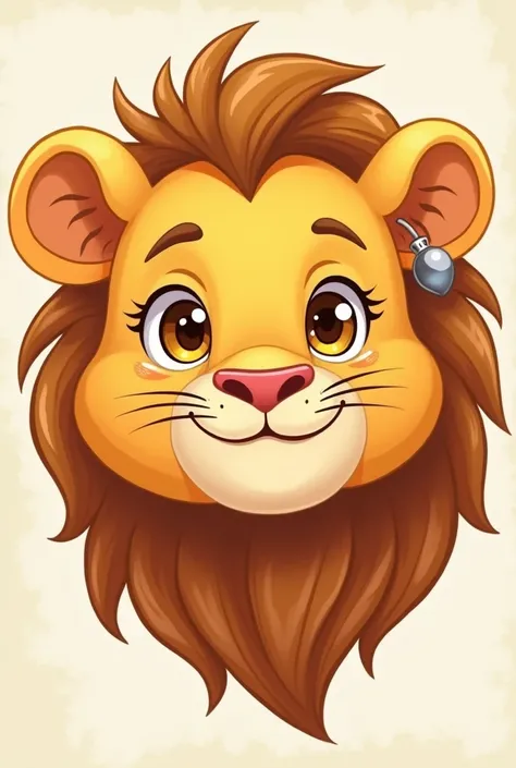 "A cartoonish lion face with human-like features, round cheeks, and thick wavy hair styled backward. The hair is golden-brown with darker streaks and flows naturally from the forehead to the back of the head, tapering at the neck. The lion has bright golde...