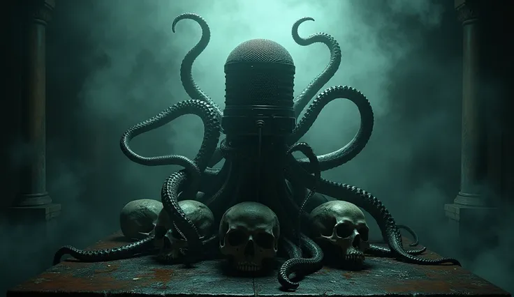  Bnner of high quality ,  hyperrealistic and dark ,  in the style of H .P Lovecraf ,  tentacles of octopus intertwining skulls and in the middle of it all an old microphone .  Some characters from Mexican horror folklore are visible in a slightly transluce...