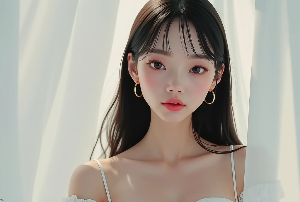 , beautiful eyelashes with double eyes, parallel eyebrows, thin eyebrows, Korean idol
The profile of a young white woman who looks like that shows through her skin is satin white with simple small gold hoop earrings
Skin with thin, thin peach pink beige li...