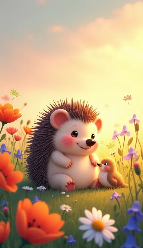 Create a whimsical digital artwork of a chubby hedgehog sitting contentedly in a vibrant flower meadow, exuding a peaceful and cheerful atmosphere. The hedgehog has a gentle, shy smile and is surrounded by colorful wildflowers, including bright orange popp...