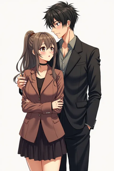 An anime couple ,  she stands in front of him and he hugs her from behind ,  she looks forward and he looks like an anime mafia boss, Fine lines,  drawing style like a manga , hyperdetailliert,  Japanese illustration style, realism, 