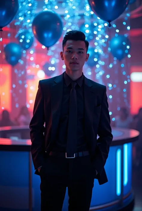 A 17-year-old young man, with short hair on the bottom and short hair on top, dressed in a black suit, a dark black jacket and wearing a light black shirt and a dark black tie. He is standing posing in an elegant and flashy nightclub, there is a DJ and man...