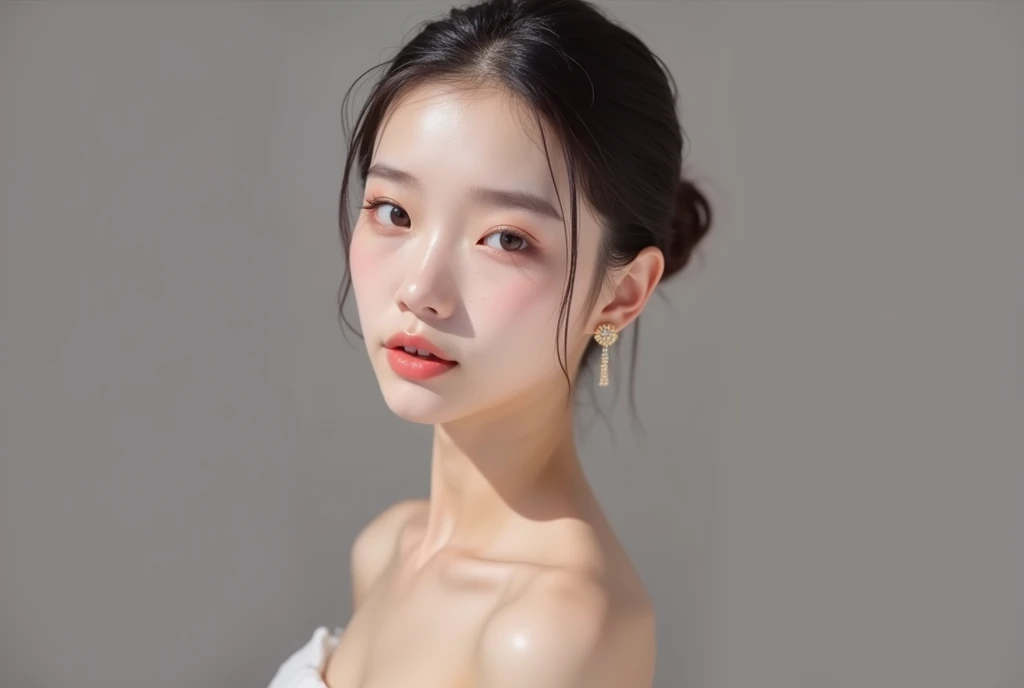 , beautiful eyelashes with double eyes, parallel eyebrows, thin eyebrows, Korean idol
The profile of a young white woman who looks like that shows through her skin is satin white with simple small gold hoop earrings
Skin with thin, thin peach pink beige li...