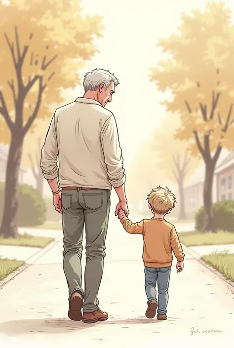 Sketch of a man holding hands with his son walking down the street 