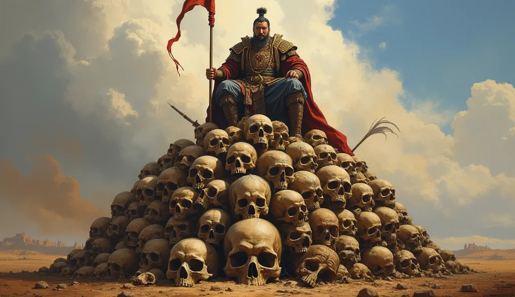 genghis khan sitting on a big pille of human skulls