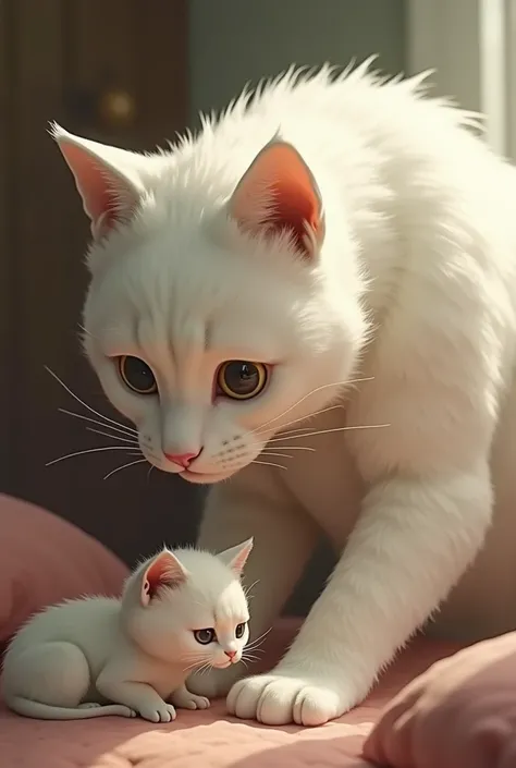 White big cat worried about cute ill cat