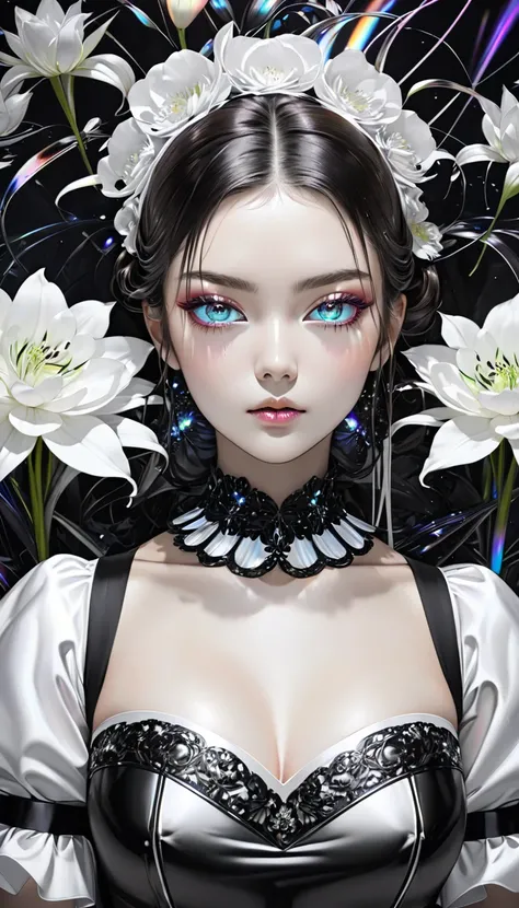 cool beauty, brown shiny silky disheveled half updo, make up, captivating eyes, cortesy, elegance, dignity, superlative body proportion, wearing black and white tight fit maid outfit, background unlimited place, jet black peonies and lilies with fluorescen...