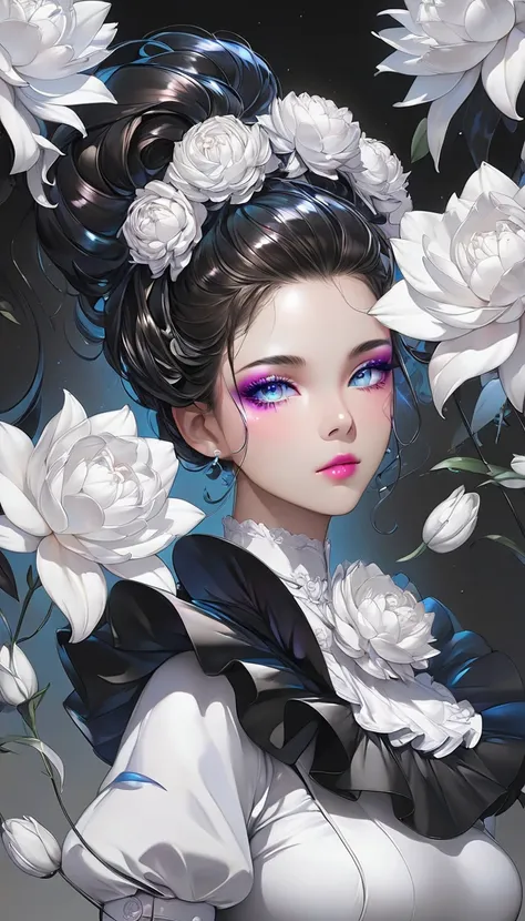 cool beauty, brown shiny silky disheveled half updo, make up, captivating eyes, cortesy, elegance, dignity, superlative body proportion, wearing black and white tight fit maid outfit, background unlimited place, jet black peonies and lilies with fluorescen...