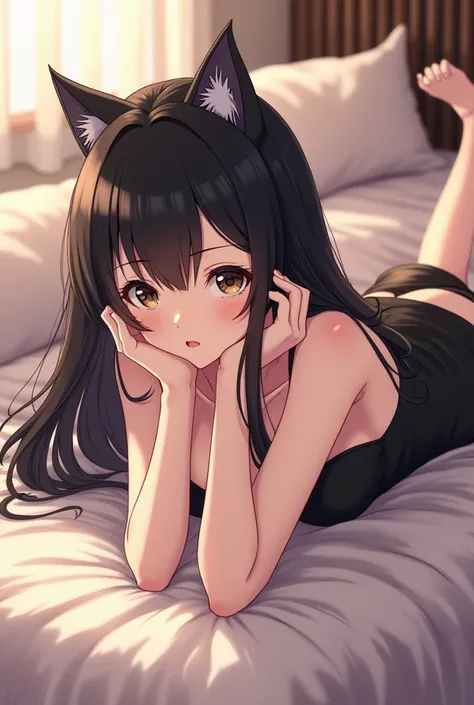 Anime girl with black hair and black cat ears lying on a bed, attractive cat girl , anime girl ready, beautiful anime girl ready, very beautiful anime cat girl , cat girl , animated cat, cute anime girl ready, girl ready,   seductive anime girl , very beau...