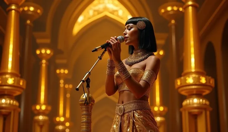 Metal accessories, sexy Arabian woman singing, wife of Pharaoh&#39;, realistic, 8K, high definition, high resolution, masterpiece, details, upper body, Cleopatra of Alexandria, Egypt, supple figure, gorgeous golden costume, short black hair, necklace, hair...