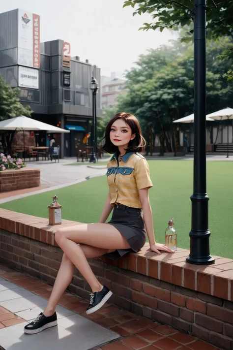 smiling pretty woman, sitting pose, city district scenery with park, (+forehead, black long wavy hair), wearing  blue denim jacket, yellow and black striped  undershirt, brown denim pencil mini skirt, BREAK, (1girl, solo, full body), (best quality,4k,8k,hi...