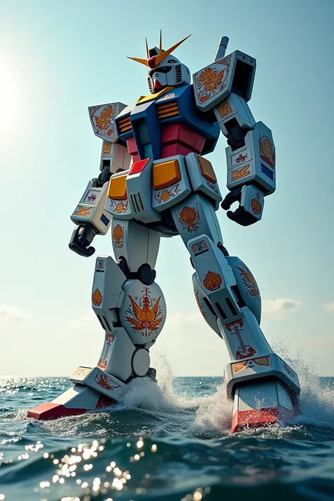 A giant Gundam carrying Vietnamese design on the sea 