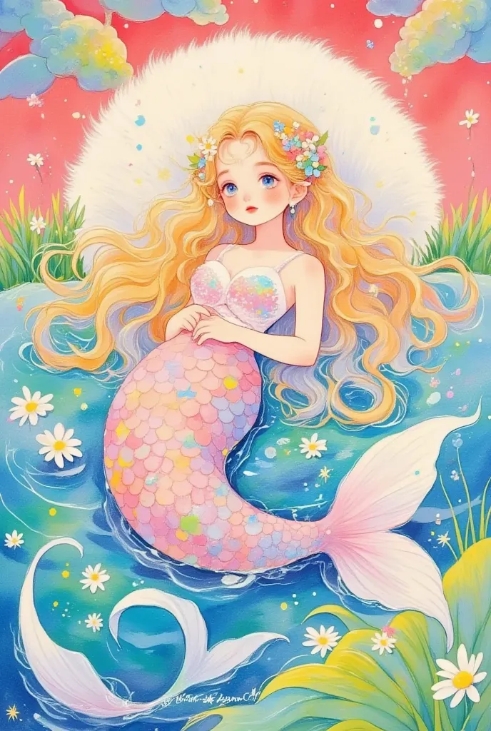   A beautiful girl  ，,  The long golden hair looks like a mermaid  ，  The colorful fish scales shine brightly  ，  the blue eyes look sad  。After the torrential rain ，  lying on the grass 。  The orange-red sky is reflected on the ground  ，  like a mirror  ，...