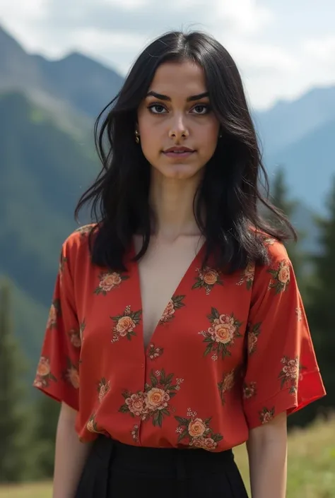   Real human photo, Fika is a young woman with shoulder length  wavy  black hair and fair skin. She has well-defined eyebrows, large black eyes,  . Wearing Plain red flower motive homedress., black pant, and smilengneith background mountain . Real human ph...