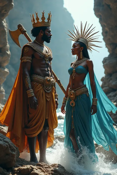   African Orixá Shangô wearing kings crown , dressed in brown and with an axe in his hand in a quarry.  Orixá Iemanjá Africana with silver crown dressed in blue in the sea.