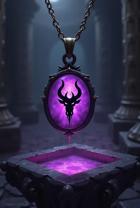 A small violet charm with a black devil emblem on it attached to a gold necklace. Fantasy art. Dark fantasy art. Digital art. On a dark altar in a dungeon.