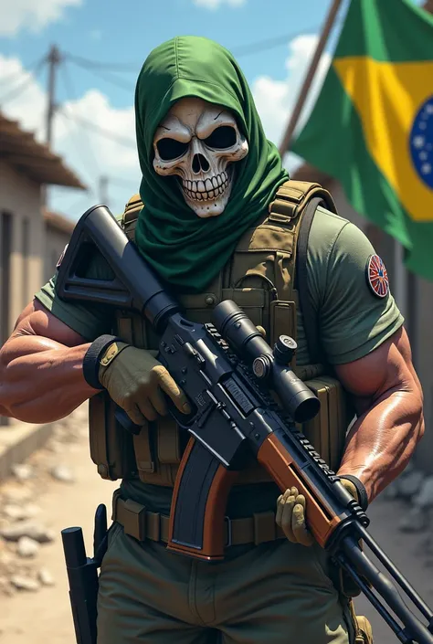 Brazilian army whit big body and Brazilian flag ghost mask sniper SVD in village ghost face Afghanistan flag on hand Ak 47 in hand, estilo anime, 1 homem, mascara de caveira, mercenario de elite