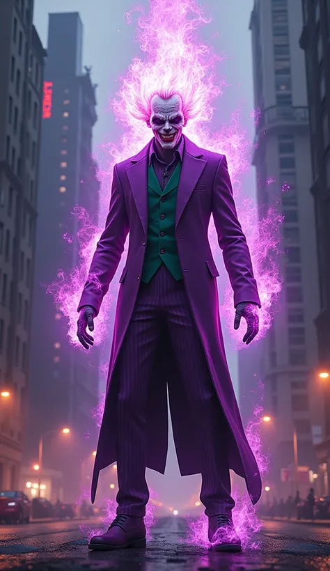 Create an image that Joker fusion with Ghost Rider into 1 body, look scary, cool, villain, epic, legendary, purple fire around body, city scene