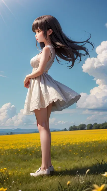 Very beautiful Thai girl, white skin, big breasts, wearing a short lace dress. The wind blows and the skirt flutters. standing on a meadow hill Hand holding a yellow flower, side view, full body view