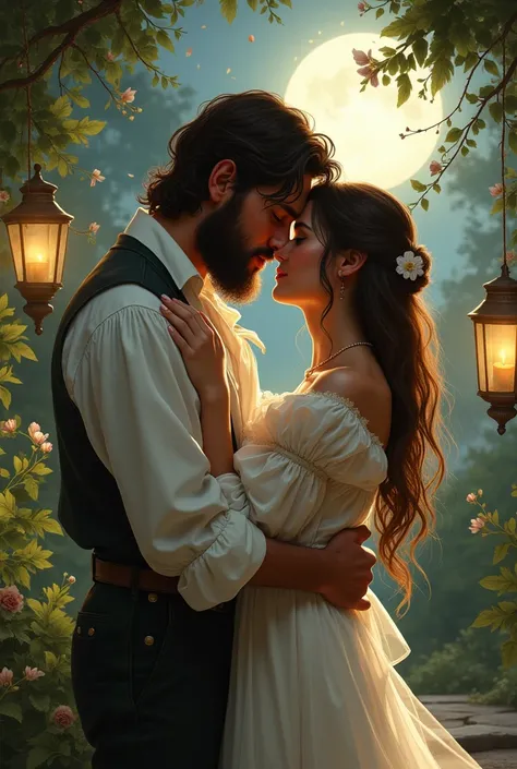 20-year-old man, with beard,  pretty from the 19th century kissing pretty young lady, In a white dress in a garden at night 