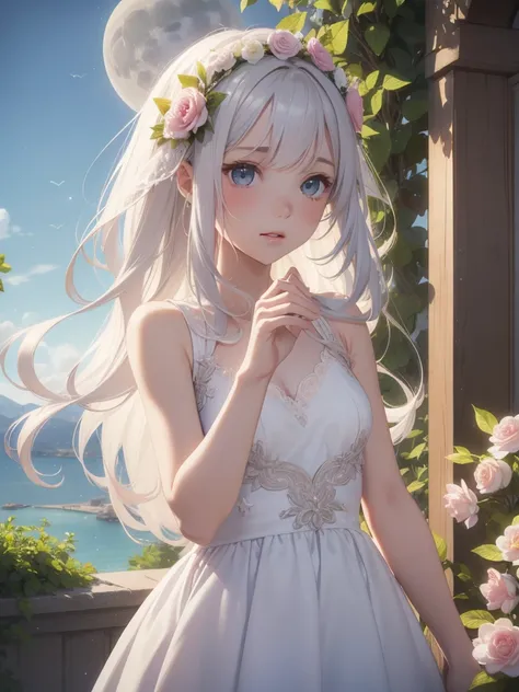 ((((()))))、1girl in、solo、onepiece、Long、White dress、sitted、florals、green eyes、Sky、plein air、a moon、Sleeveless dress、New Moon、stars（Sky）、pink flowers、Wreath on the head、looking at the spectator、bare shoulders​、bangss、pillars、ruins、natta、sleeveless、grassy、flo...