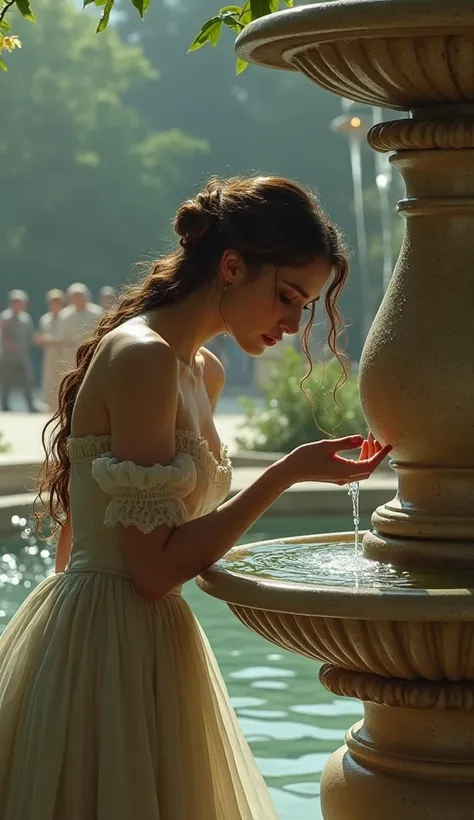 A sensual depiction of Marie at a Versailles fountain: water glistening on her bare shoulders as she leans forward to dip her fingers in, a sly smirk on her lips, while gossiping courtiers watch from afar